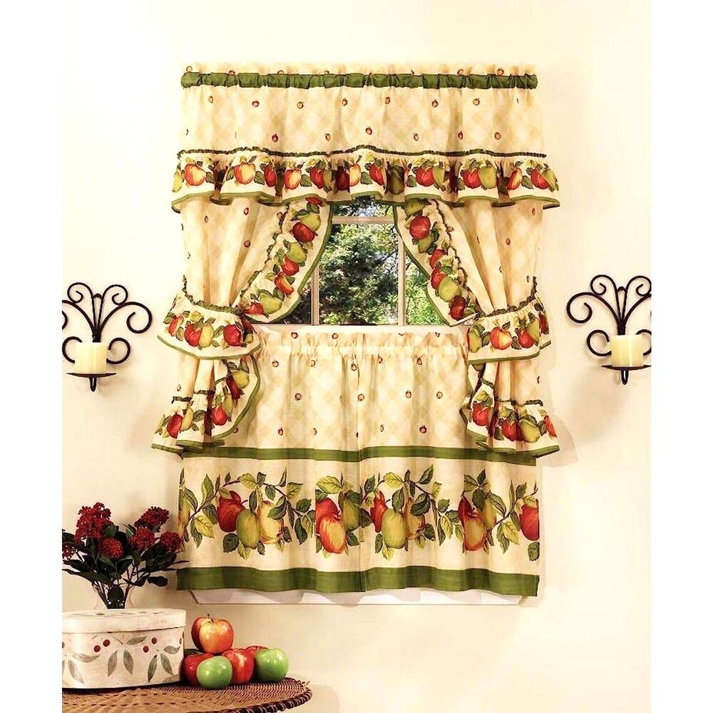 Cottage Apple Orchard Kitchen Window Curtain Tiers Swags Tie Backs 36 x57-in NIP